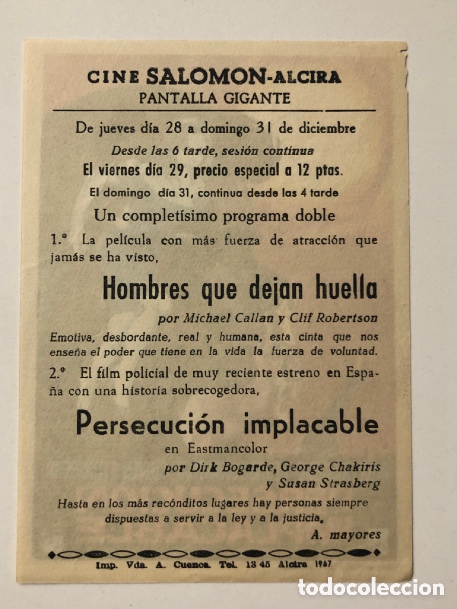 Cine: Programa persecuci&oacute;n implacable Dirk Bogarde con publicidad cine salomon alcira A22 - Foto 2