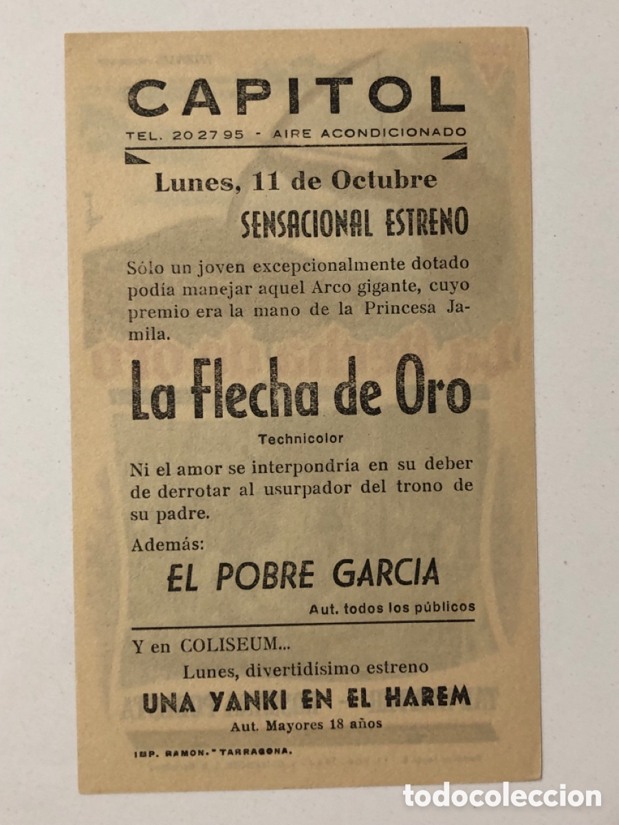 Cine: Programa la flecha de oro Tab Hunter con publicidad cine capitol tarragona A22 - Foto 2