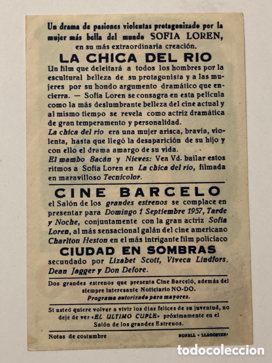 Cine: Programa la chica del r&iacute;o Sofia Loren con publicidad cine Barcelo Llagostera A22 - Foto 2
