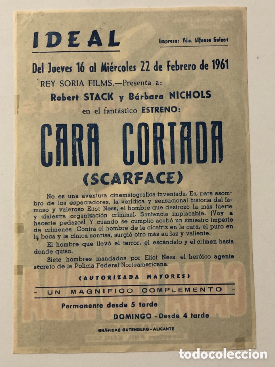 Cine: Programa cara cortada scarface Robert Stack con publicidad cine ideal alicante A23G2 - Foto 2