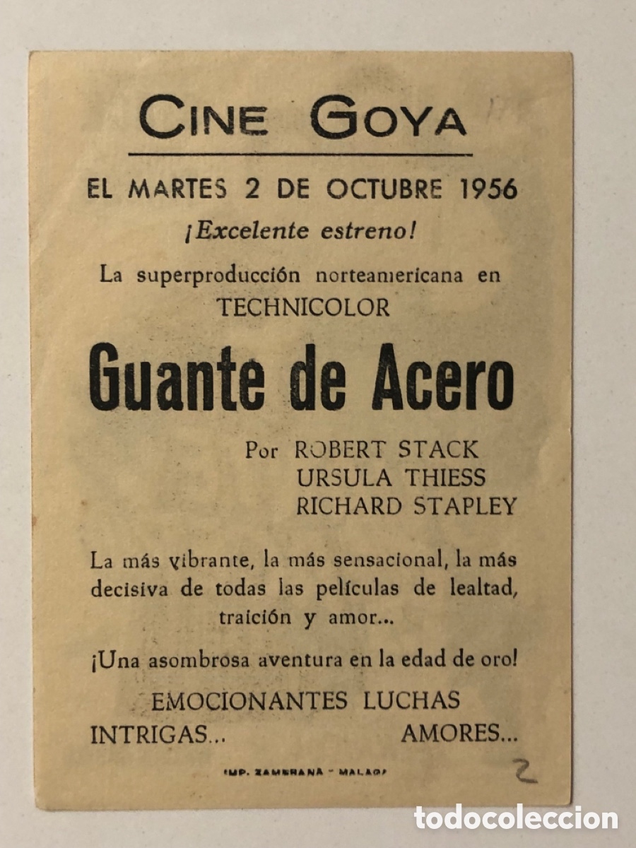 Cine: Programa guante de acero Robert Stack con publicidad cine Goya Malaga A23 - Foto 2