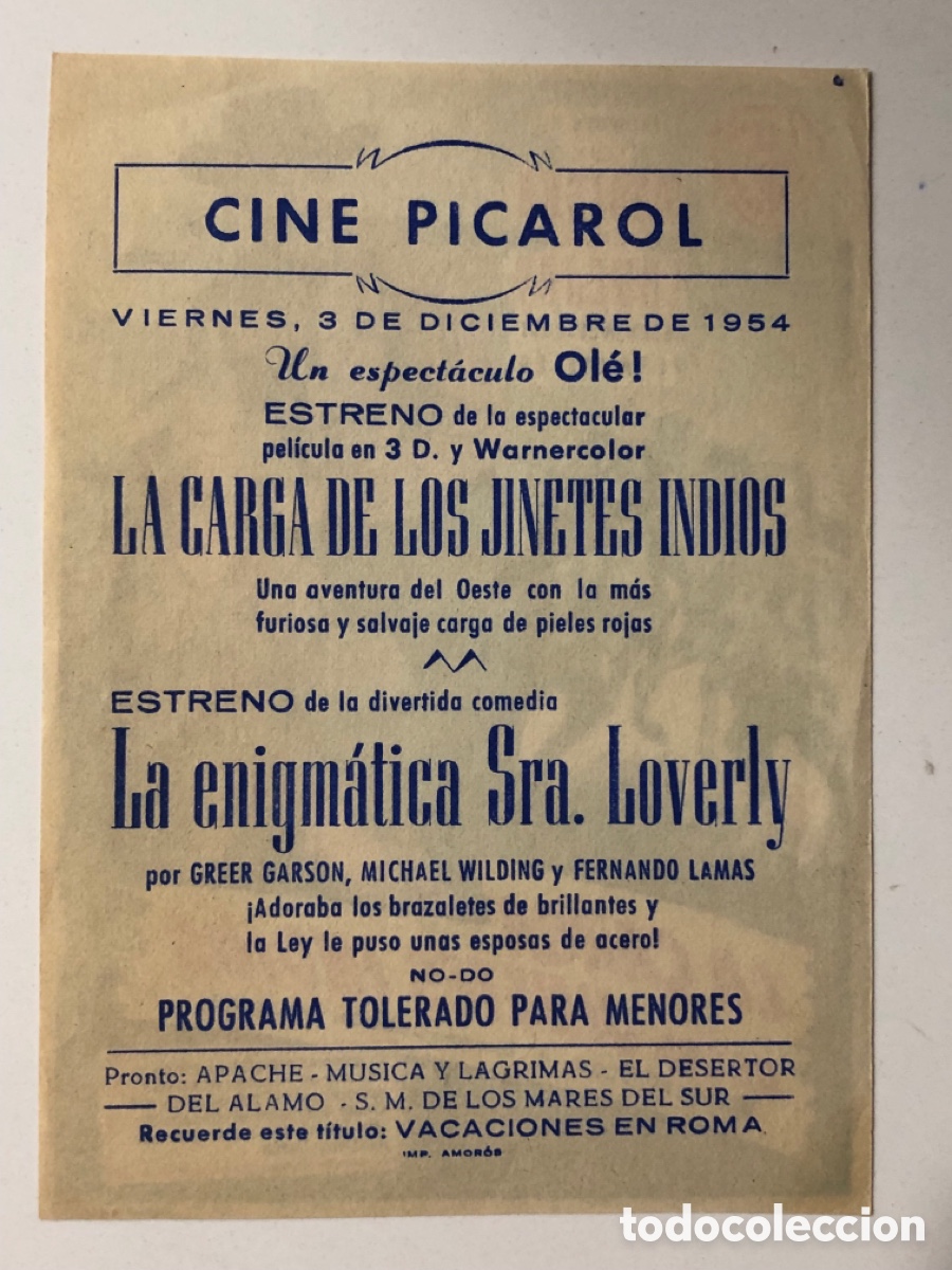 Cine: Programa la carga de los jinetes indios Guy Madison con publicidad cine Picarol A23G3 - Foto 2