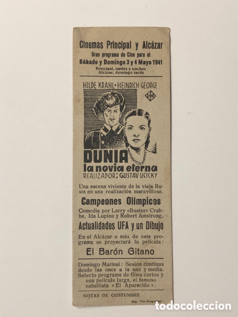Folhetos de m&atilde;o de filmes antigos de cinema: Programa carton Dunia la novia eterna Hilde Krahl con publicidad cinema principal y alc&aacute;zar A24G4