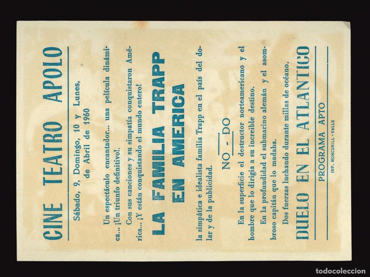 Cine: DUELO EN EL ATL&Aacute;NTICO / PROGRAMA DE CINE CON PUBLICIDAD EN TRASERA (B&Eacute;LICO) - Foto 2