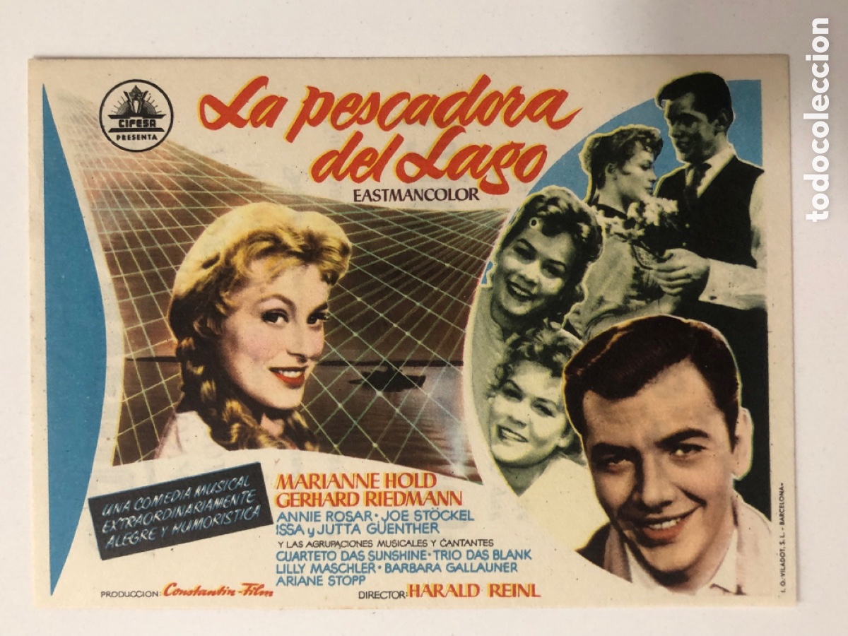 Folhetos de m&atilde;o de filmes antigos de cinema: Programa la pescadora del lago Marianne Hold con publicidad cine avenida valencia A6
