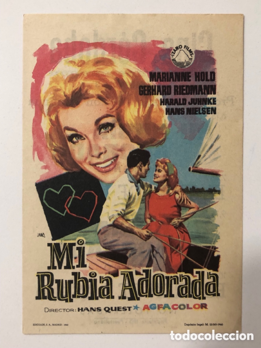 Folhetos de m&atilde;o de filmes antigos de cinema: Programa mi rubia adorada Marianne Hold con publicidad cine cordoba puertollano A6