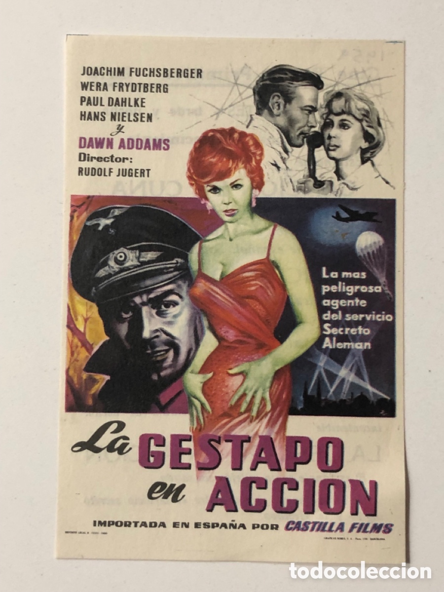 Folhetos de m&atilde;o de filmes antigos de cinema: Programa la gestapo en acci&oacute;n Joachim fuchsberger con publicidad cine banda primitiva liria A24