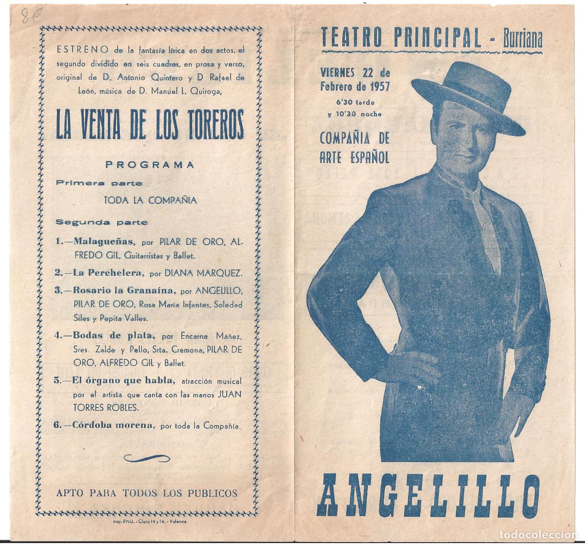 Cine: PTTT ANGELILLO PROGRAMA DOBLE TEATRO BURRIANA 1957 - Foto 1