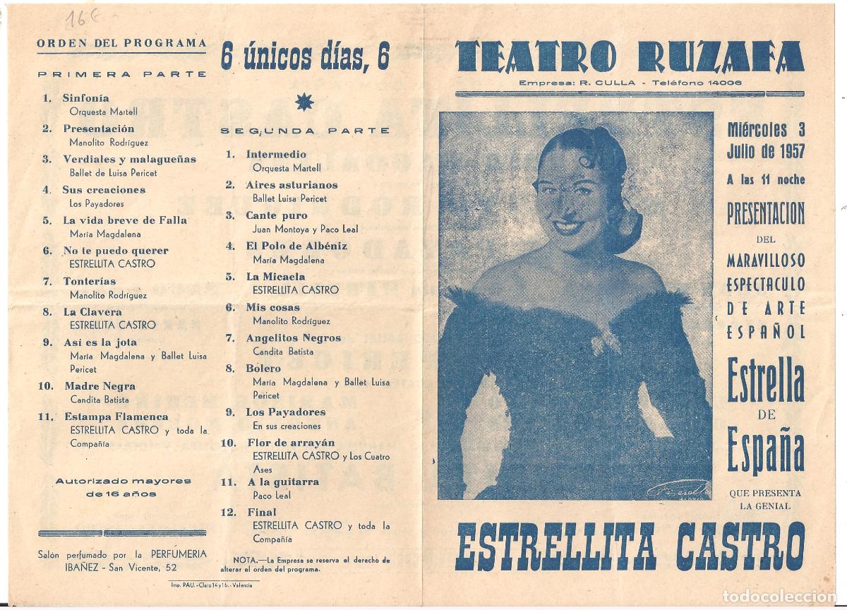 Cine: PTTT ESTRELLITA CASTRO ESTRELLA DE ESPA&Ntilde;A PROGRAMA DOBLE TEATRO RUZAFA 1957 - Foto 1