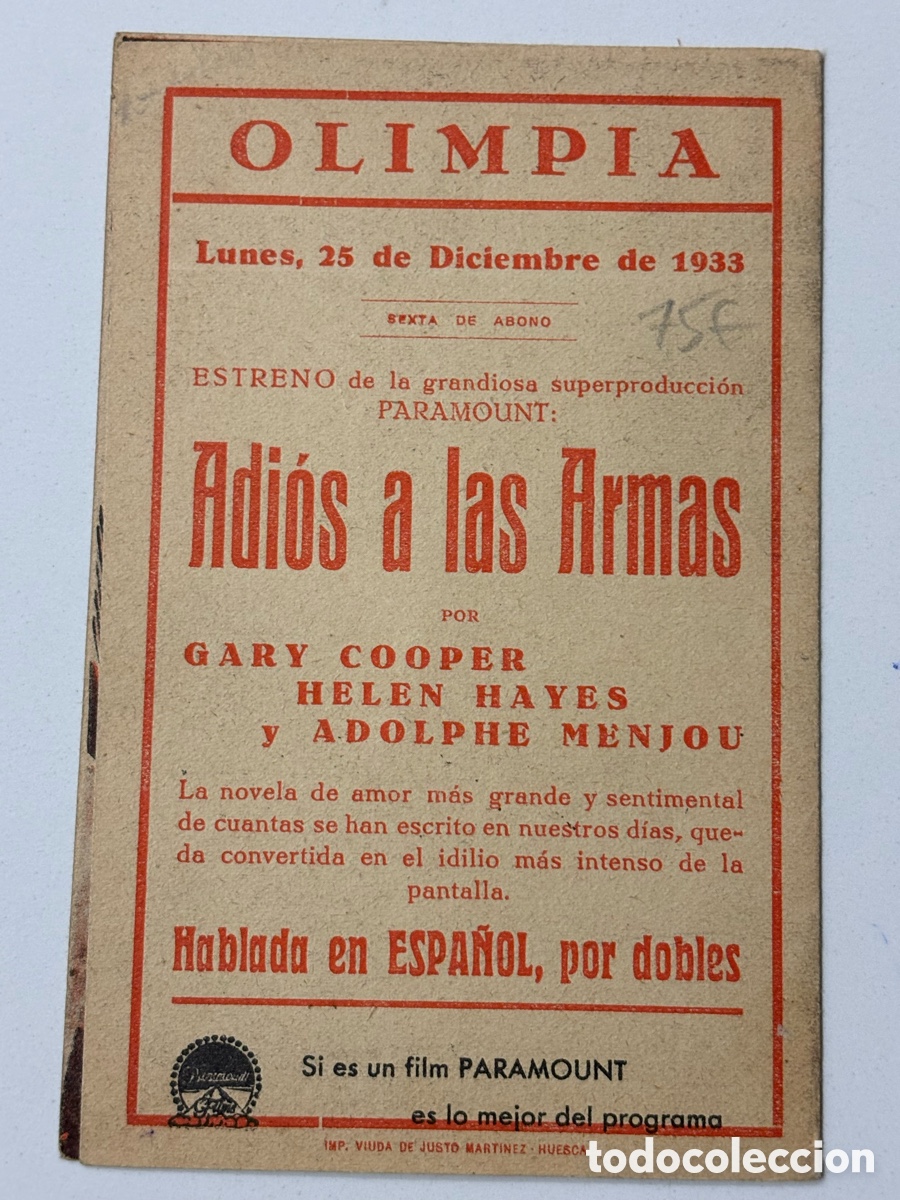 Cine: Programa adi&oacute;s a la armas Gary Cooper con publicidad cine Olimpia Huesca A16 - Foto 3
