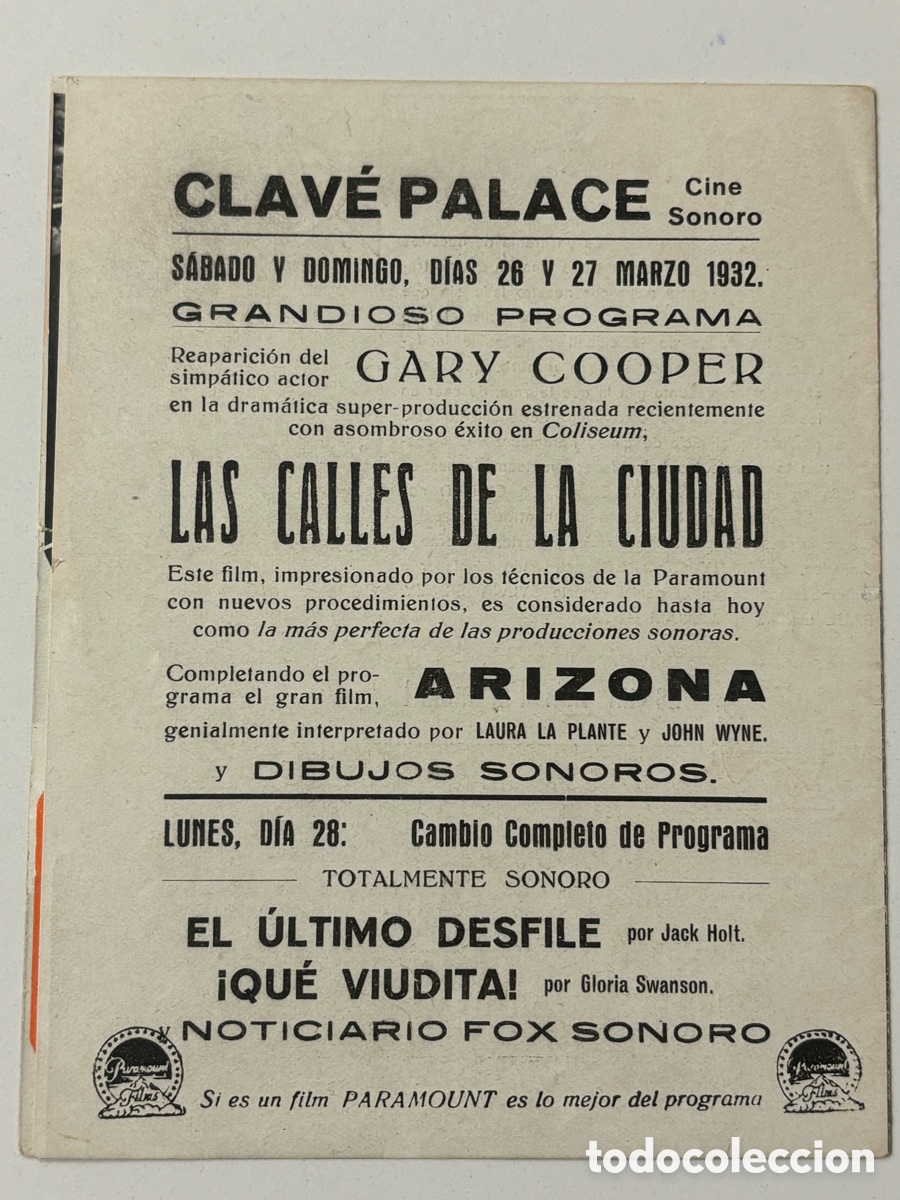 Cine: Programa las calles de la ciudad Gary Cooper con publicidad cine clave palace A16 - Foto 3