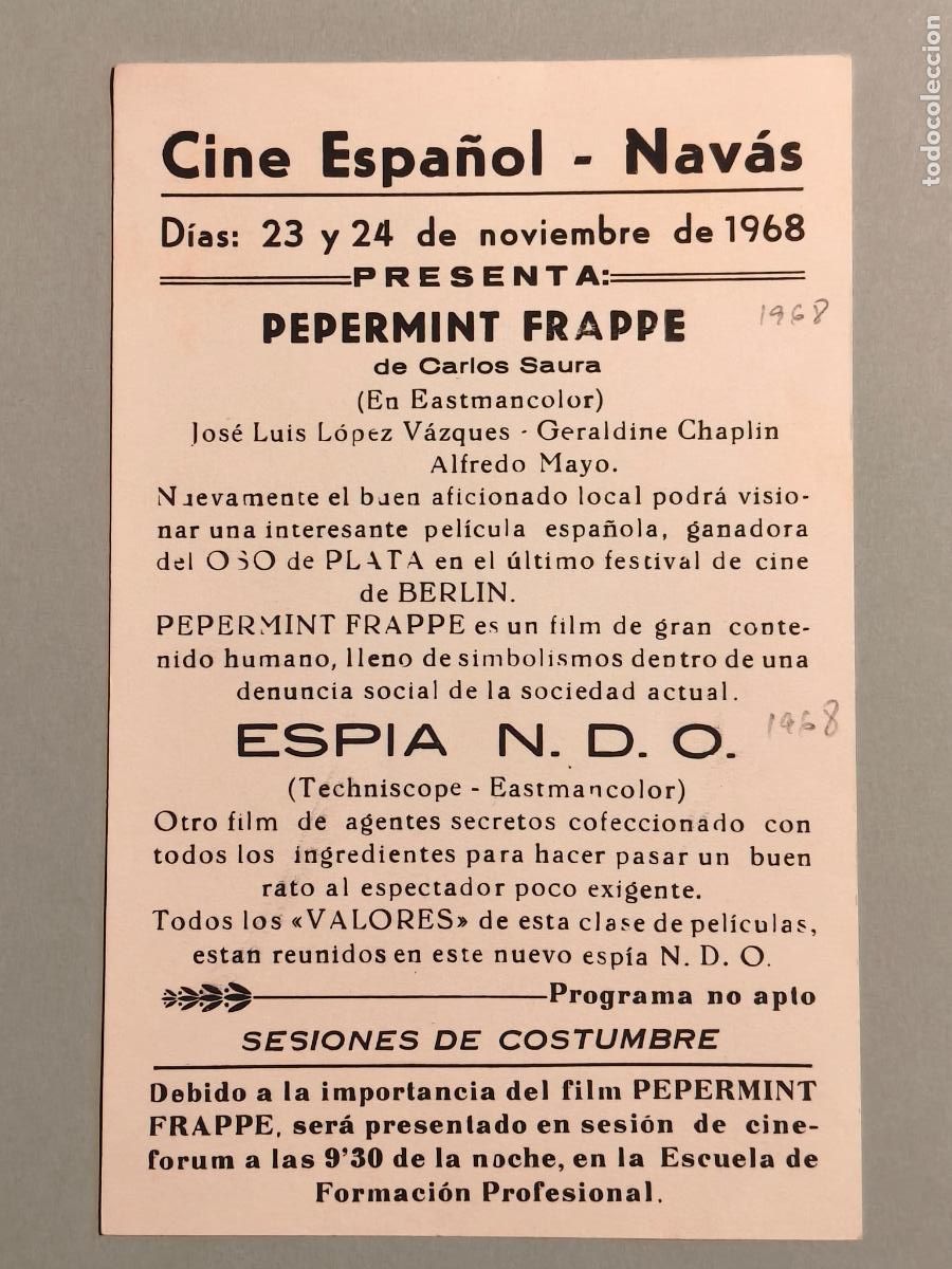 Cine: PEPPERMINT FRAPPE PROGRAMA DE CINE 1968 - Foto 1