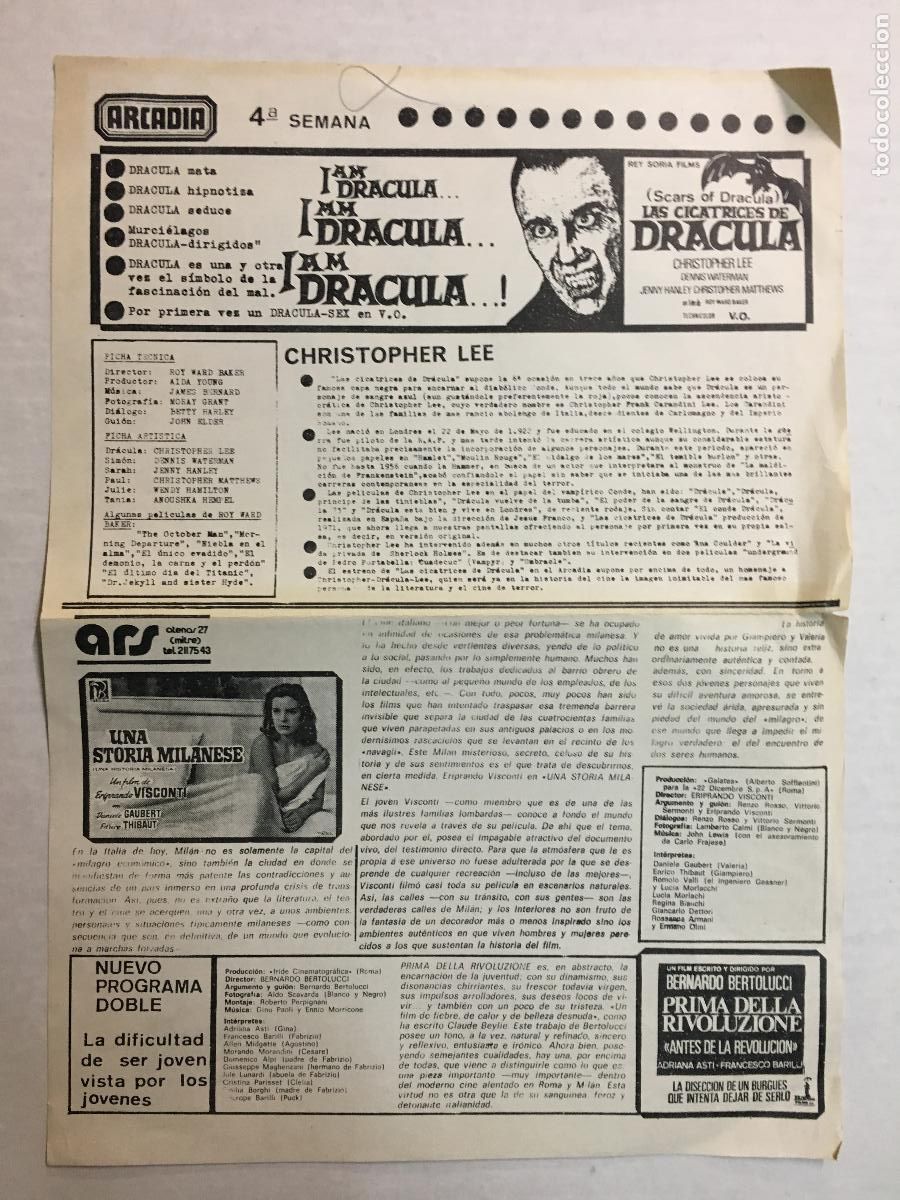 Cine: PTCC 832 LAS CICATRICES DE DRACULA PROGRAMA SENCILLO LOCAL HAMMER CHRISTOPHER LEE - Foto 1