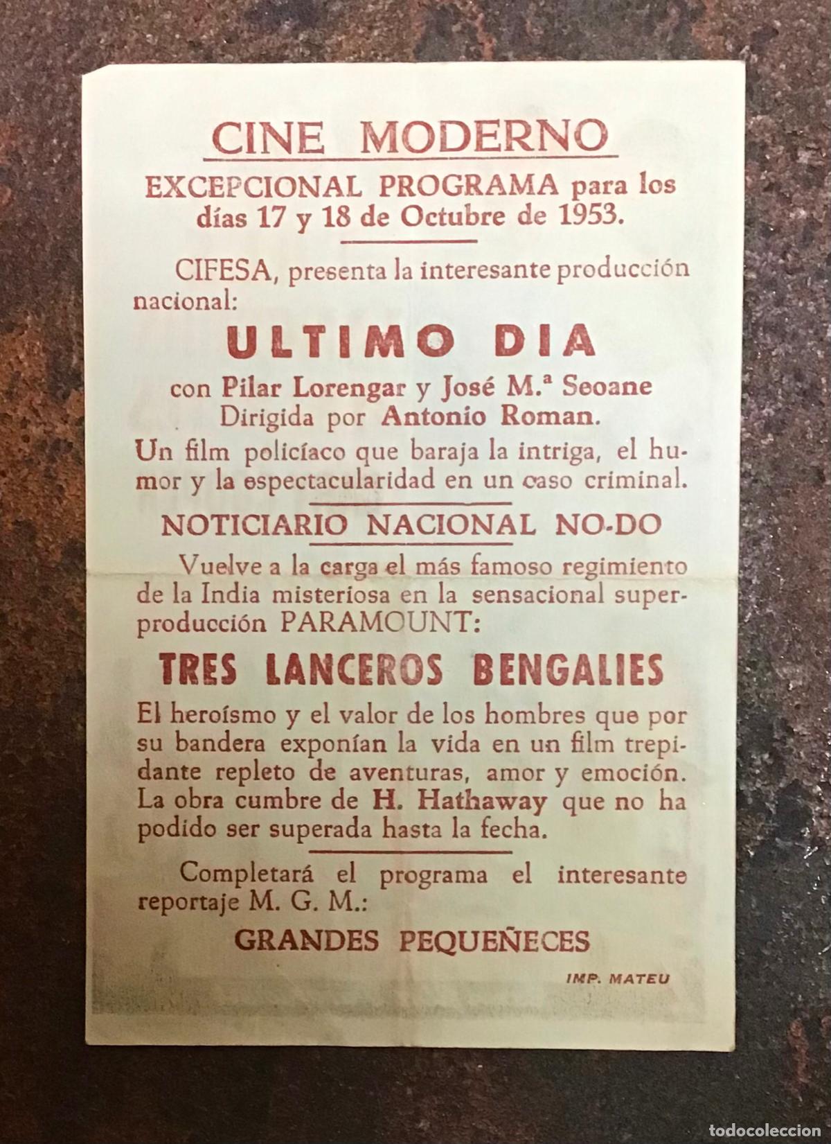 Cine: TRES LANCEROS BENGAL&Iacute;ES, PROGRAMA DE MANO ORIGINAL Y CON PUBLICIDAD - Foto 2