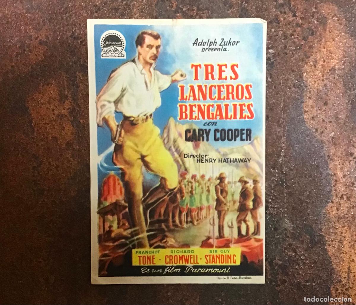 Cine: TRES LANCEROS BENGAL&Iacute;ES, PROGRAMA DE MANO ORIGINAL Y CON PUBLICIDAD - Foto 1