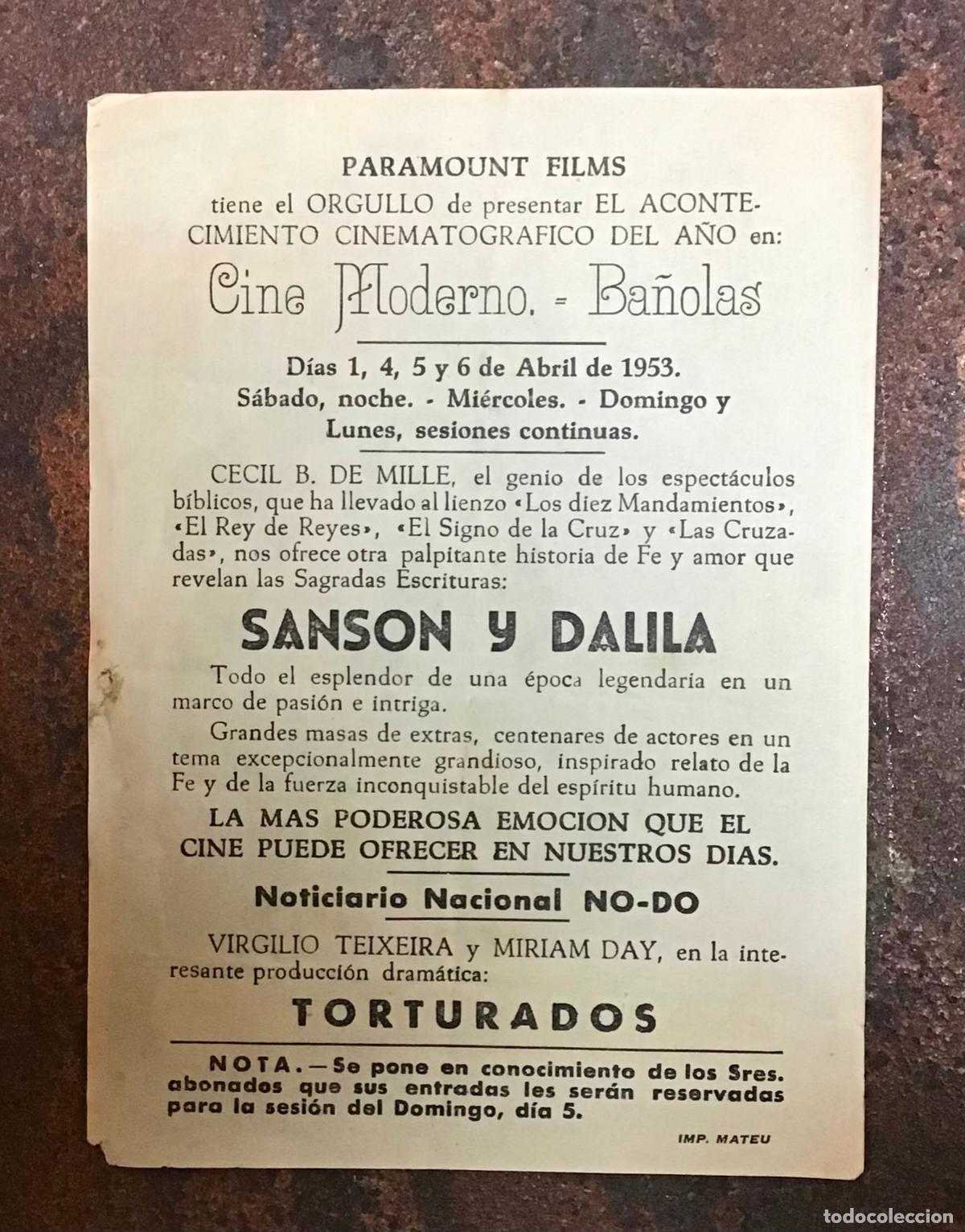Cine: SANS&Oacute;N Y DALILA, PROGRAMA DE MANO ORIGINAL CON PUBLICIDAD - Foto 2