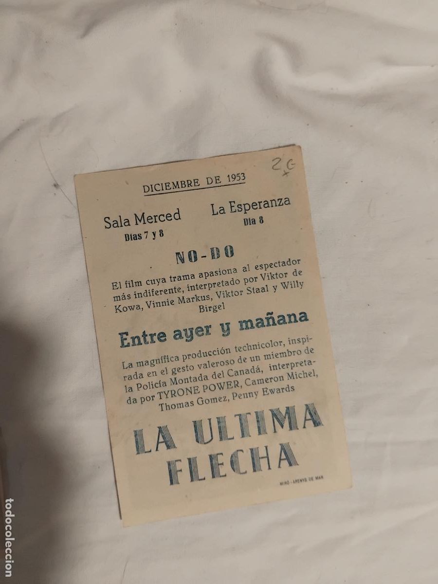 Cine: PROGRAMA DE CINE LA ULTIMA FLECHA. TYRONE POWER. SALA MERCED. LA ESPERANZA. 1953. - Foto 2
