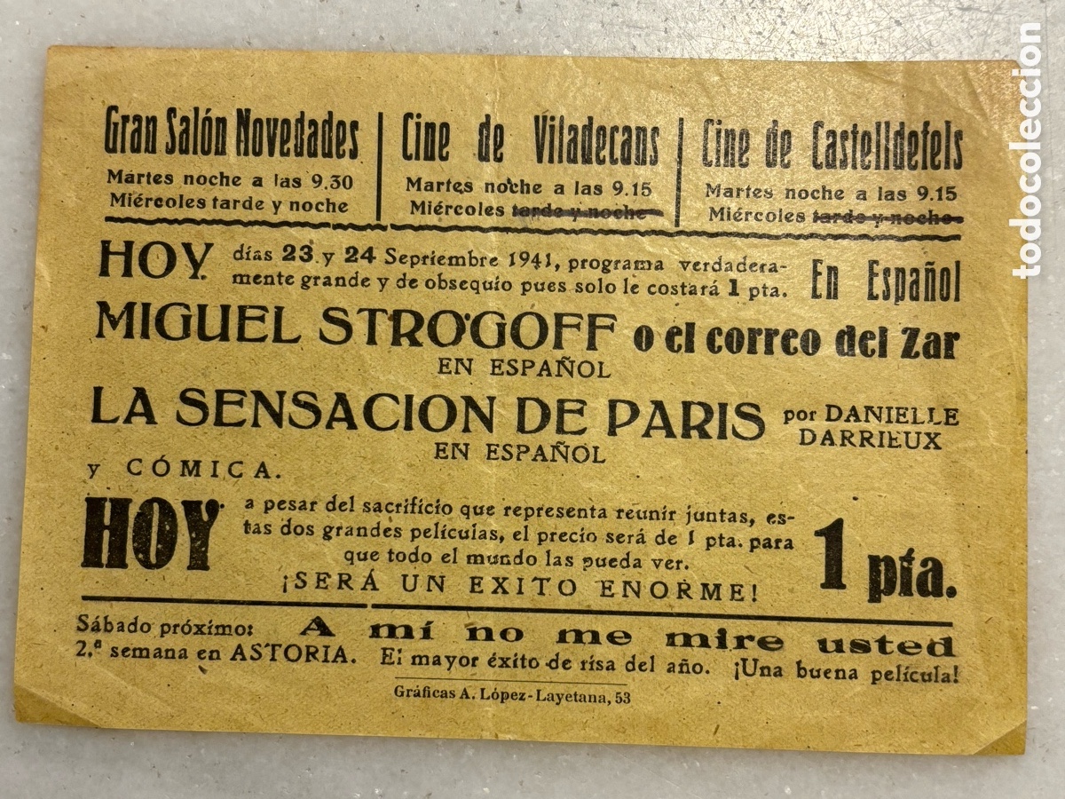 Cine: Folleto, programa de mano Cine local, Miguel Strogoff Viladecans Castelldefels, 1941