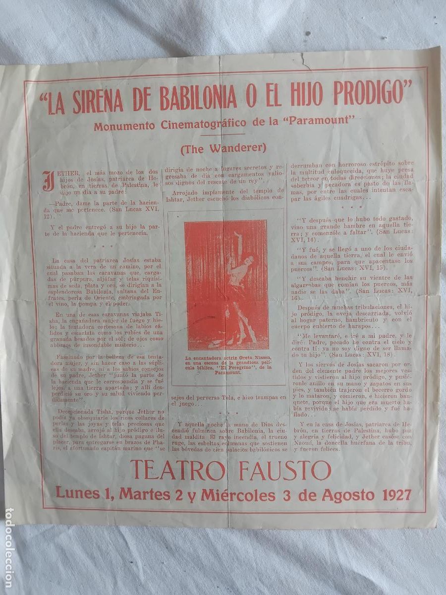 Cine: PROGRAMA DE CINE LA SIRENA DE BABILONIA O EL HIJO PRODIGO. TEATRO FAUSTO AGOSTO DE 1927.