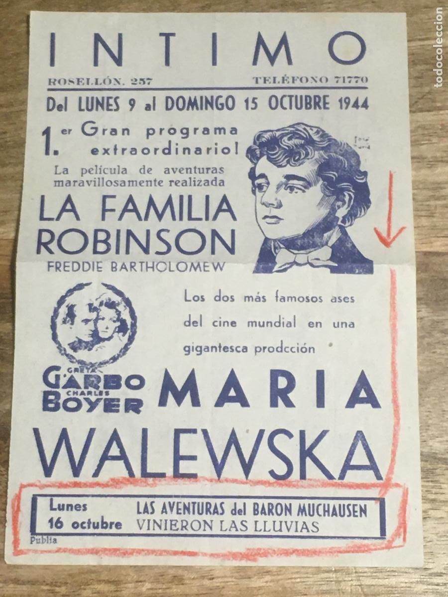 Cine: maria walewska greta garbo folleto de mano local original estreno cine intimo barcelona 1944