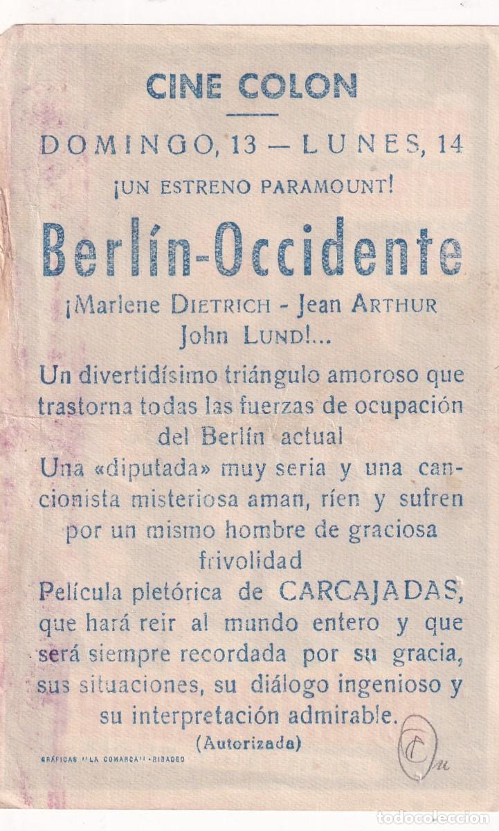 Cine: Programa cine Berl&iacute;n Occidente. Dietrich. Cine Colon Ribadeo. - Foto 2