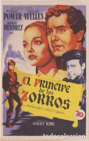 Cine: el pr&iacute;ncipe de los zorros. sencillo. Solig&oacute;. Cines arenas y liceo. 1950. impecable