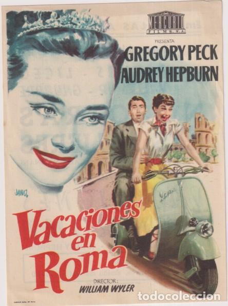 Cine: Vacaciones en Roma. Sencillo de Mercurio. Cines Arenas y liceo. 1955. impecable