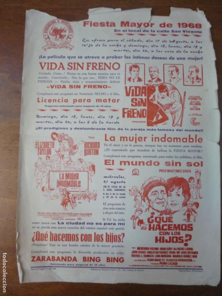 Cine: vida sin freno/la mujer indomable folleto mano local original fiesta mayor 1968 santa coloma queralt