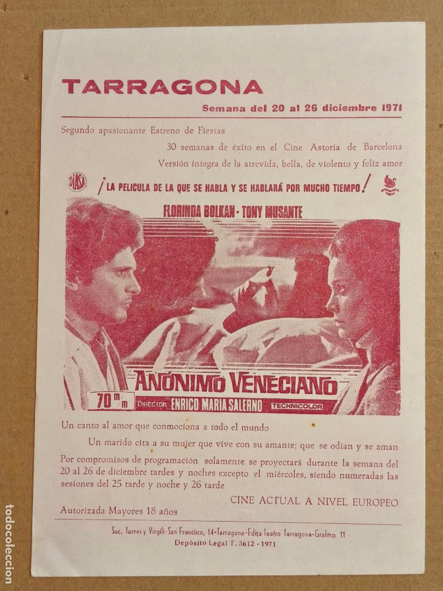 Cine: ANONIMO VENECIANO PROGRAMA DE CINE 1971