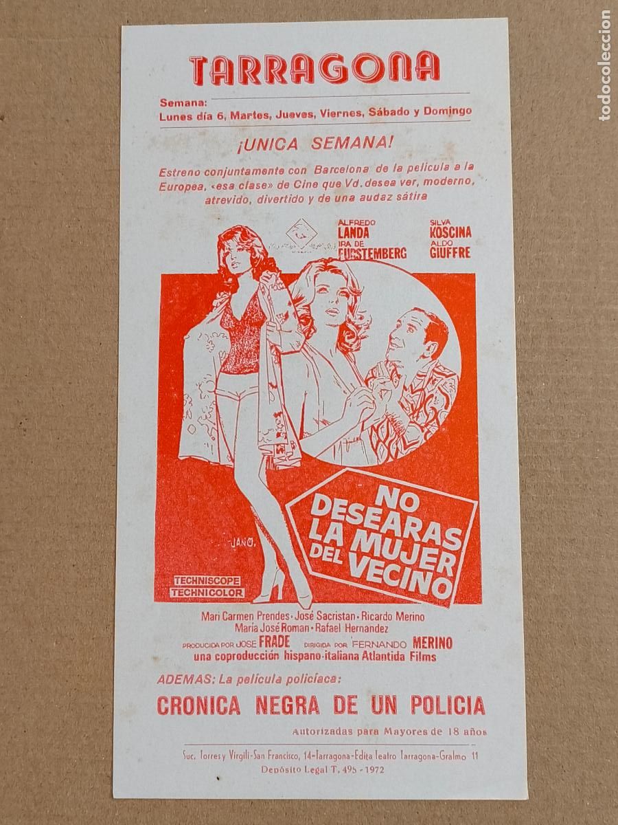Cine: NO DESEARAS LA MUJER DEL VECINO PROGRAMA DE CINE 1972