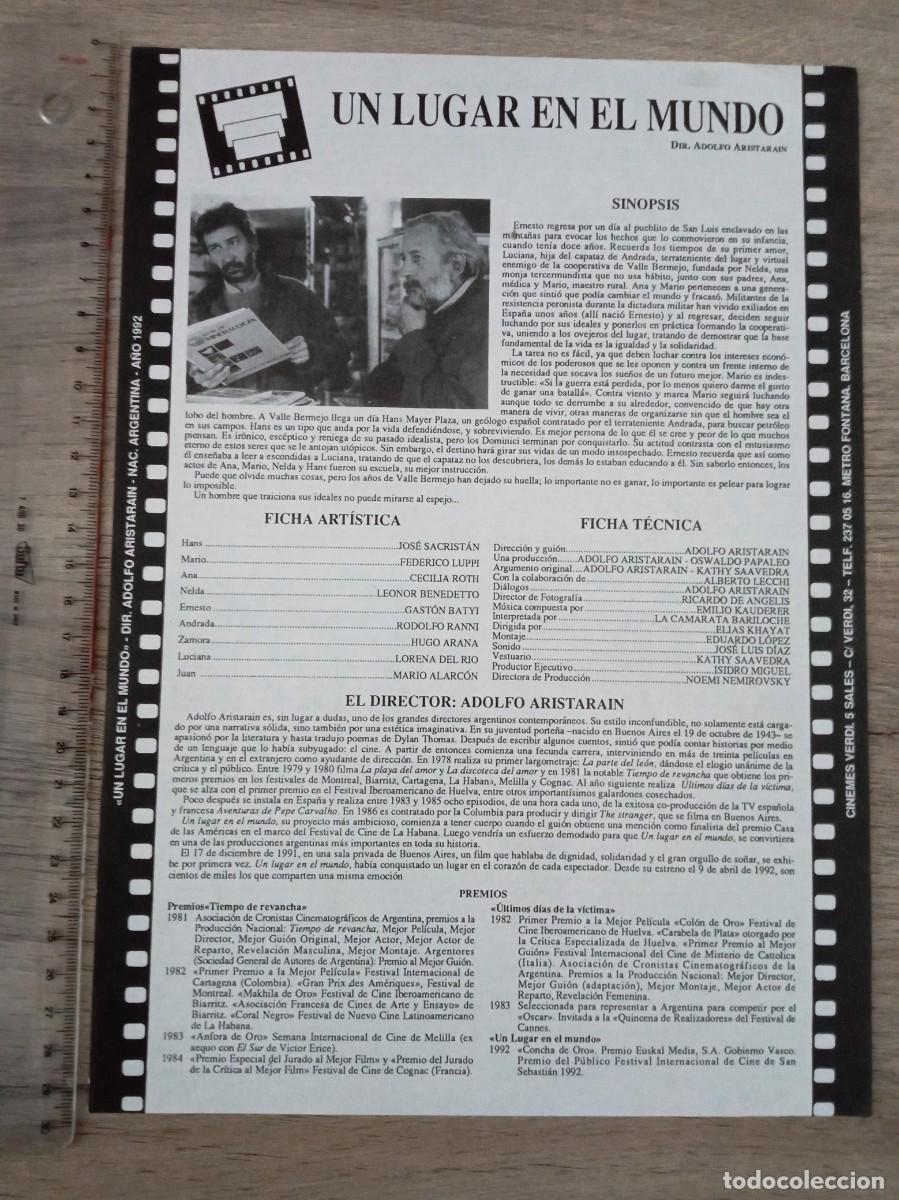 Cine: UN LUGAR EN EL MUNDO, JOS&Eacute; SACRISTAN, CINEMES VERDI, 1992