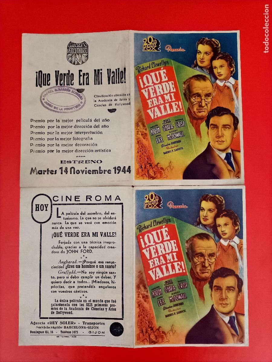 Cine: QU&Eacute; VERDE ERA MI VALLE. LOTE DE 2 EN COLOR DISTINTO. C/P, TEATRO VILLAMARTA Y CINE ROMA.
