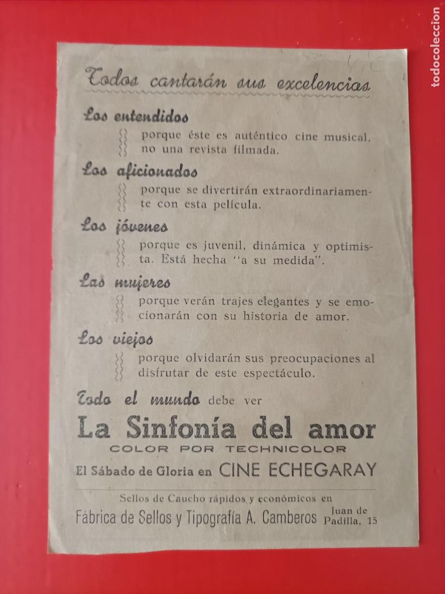 Cine: LA SINFONIA DEL AMOR. DENIS MORGAN. C/P. CINE ECHEGARAY, M&Aacute;LAGA. EST&Aacute; NUEVO.