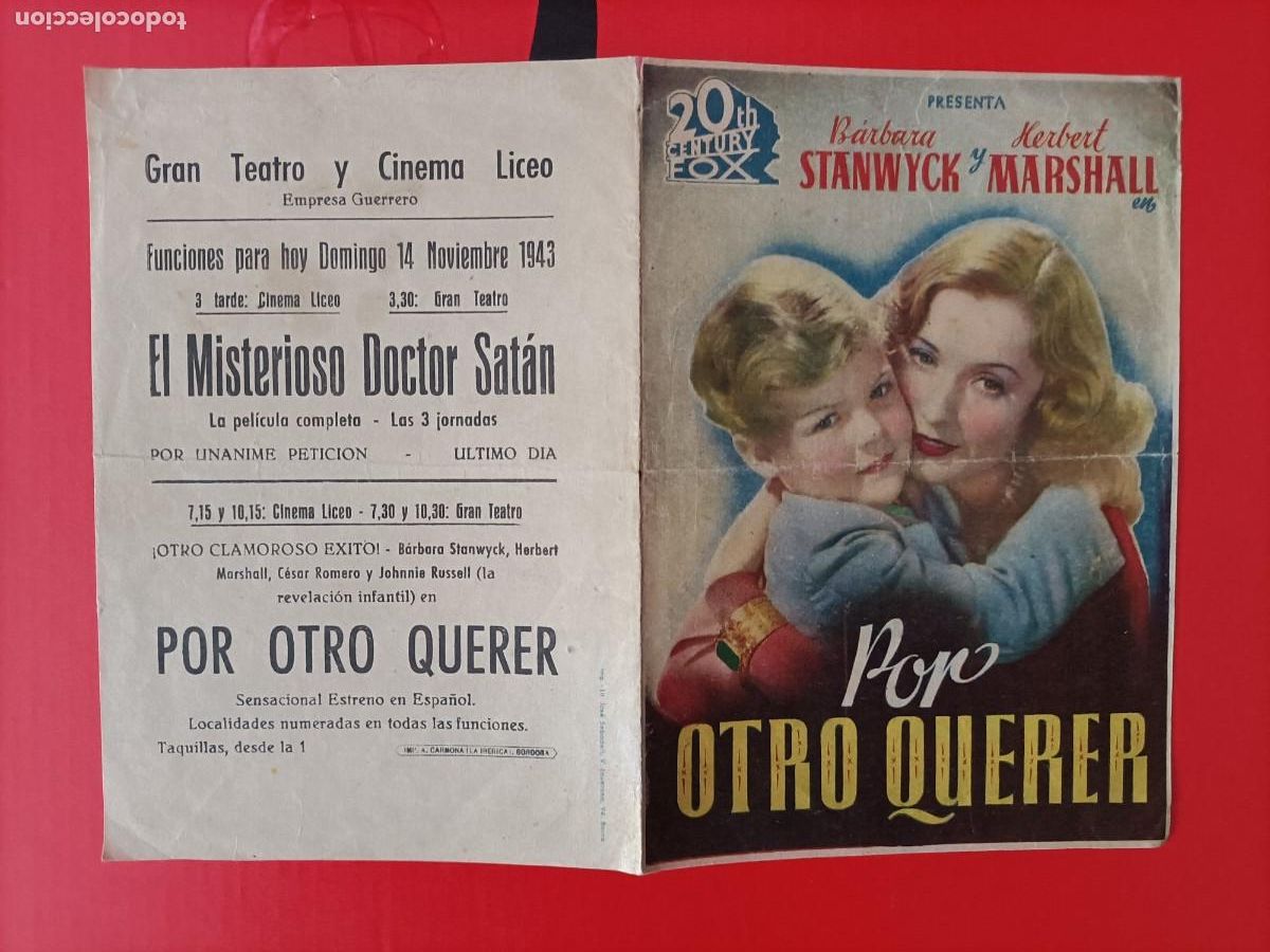 Cine: POR OTRO QUERER. C/P. GRAN TEATRO Y CINEMA LICEO. BARBARA STANWYCK. TAMA&Ntilde;O DOBLE.