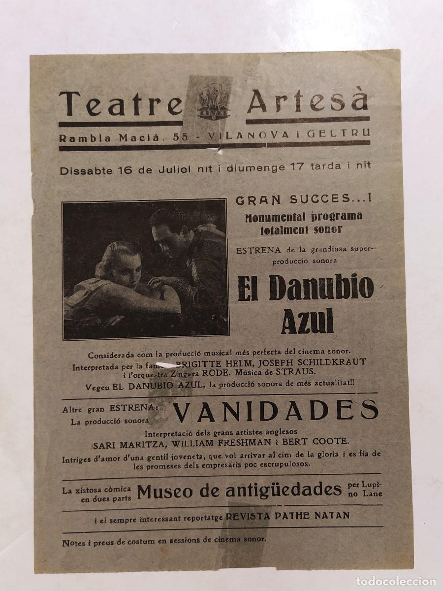 Cine: VILANOVA I LA GELTRU - TEATRE ARTESA - EL DANUBIO AZUL ETC - PROGRAMA DE CINE ANTIGUO (V-28.118)