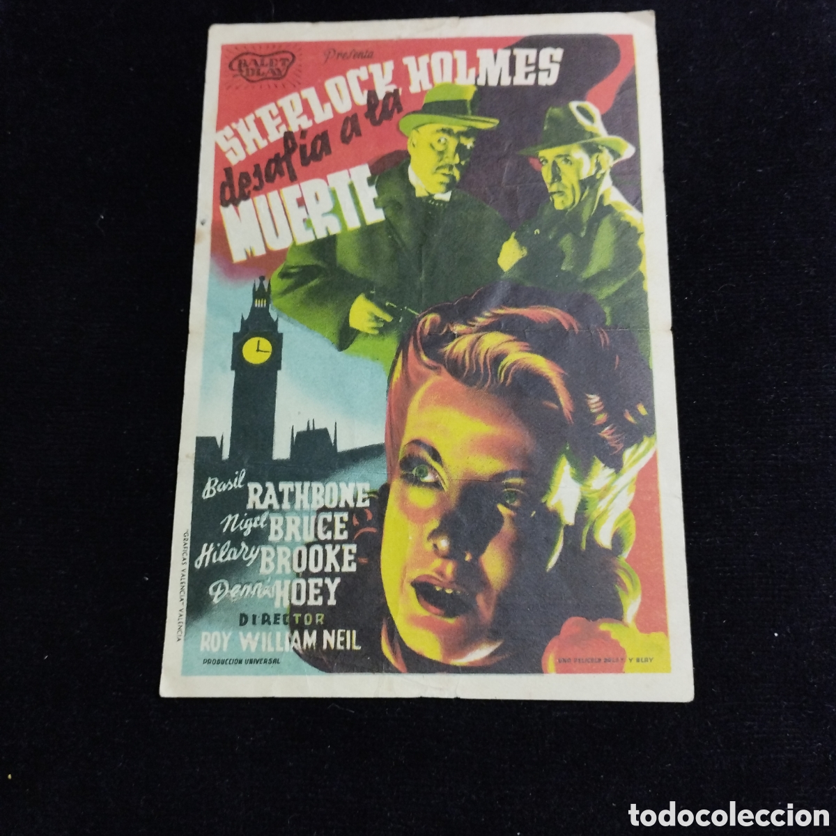 Cine: Programa de cine, sencillo. Sherlock Holmes desaf&iacute;a a la muerte. Basil Rathbone. 1947. Coliseum Rub&iacute;