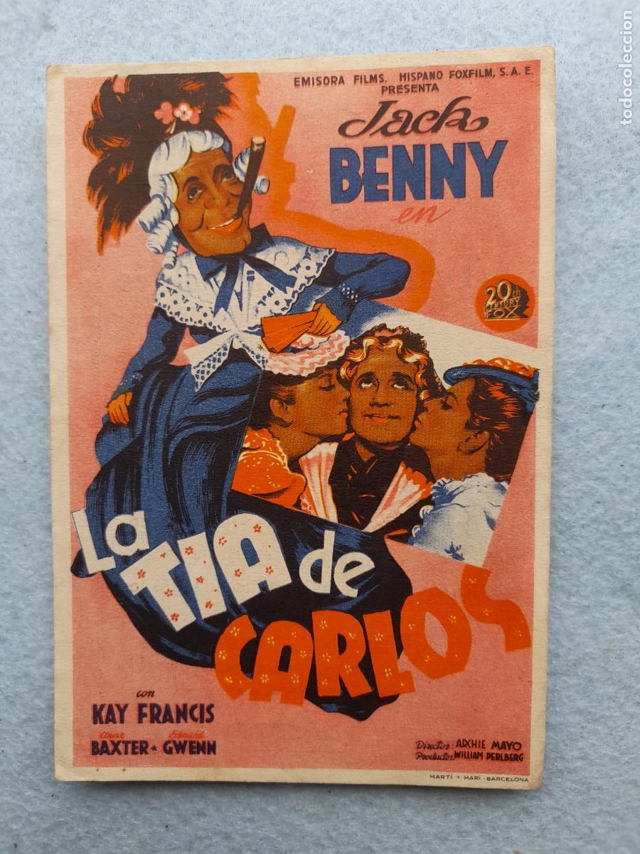 Folhetos de m&atilde;o de filmes antigos de cinema: La T&iacute;a de Carlos. A&ntilde;o 1945. Jack Benny. Kay Francis.