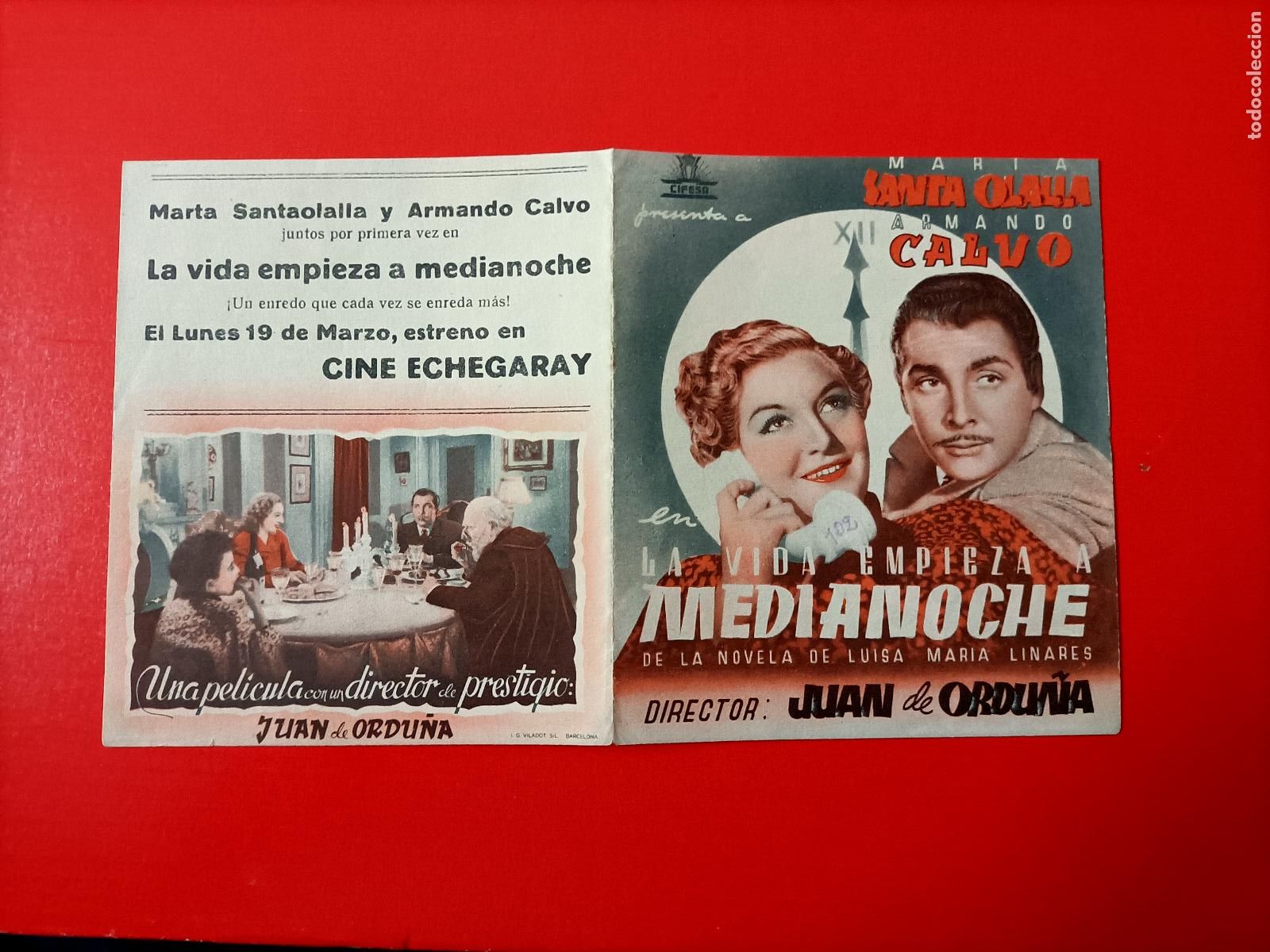 Cine: LA VIDA EMPIEZA A MEDIANOCHE. C/P. CINE ECHEGARAY, MARTA SANTA OLALLA. ES DOBLE. EST&Aacute; COMO NUEVO.
