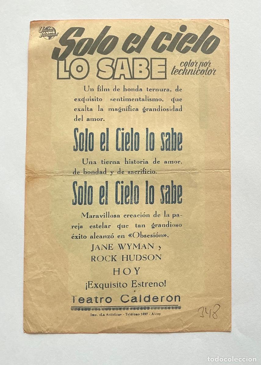 Cine: PROGRAMA UNIVERSAL 13&rsquo;5x21 CM. SOLO EL CIELO LO SABE ROCK HUDSON CINE CALDER&Oacute;N ALCOY ALICANTE