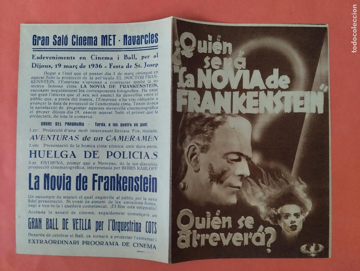 Folhetos de m&atilde;o de filmes antigos de cinema: JHR - PROGRAMA CINE DOBLE. QUIEN SERA-- LA NOVIA DE FRANKENSTEIN.