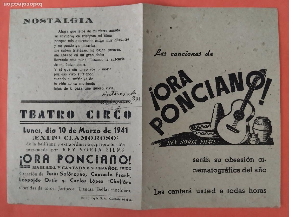 Foglietti di film di film antichi di cinema: JHR - PROGRAMA CINE DOBLE TEATRO CIRCO. ORA PONCIANO.
