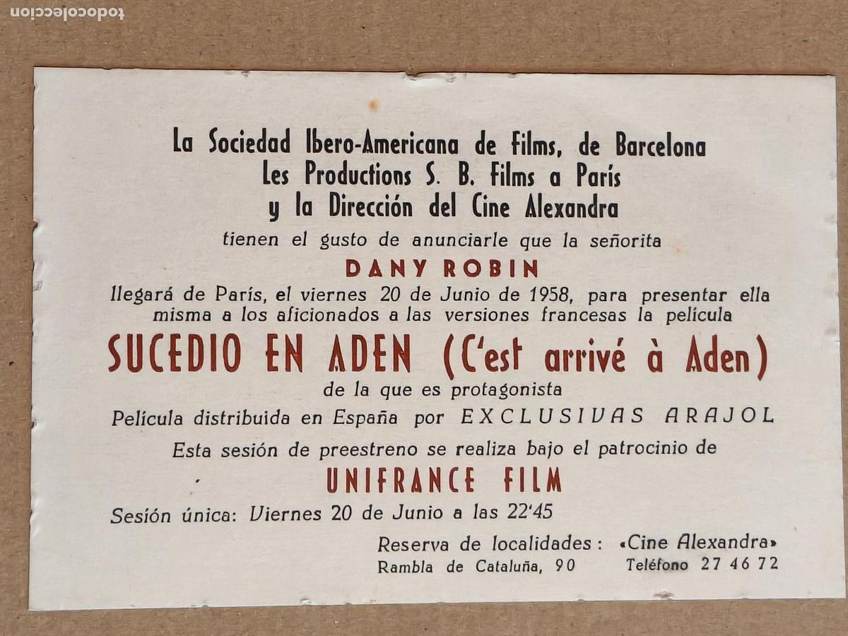  Flyers Publicitaires de films Anciens: SUCEDI&Oacute; EN ADEN PROGRAMA DE CINE 1958