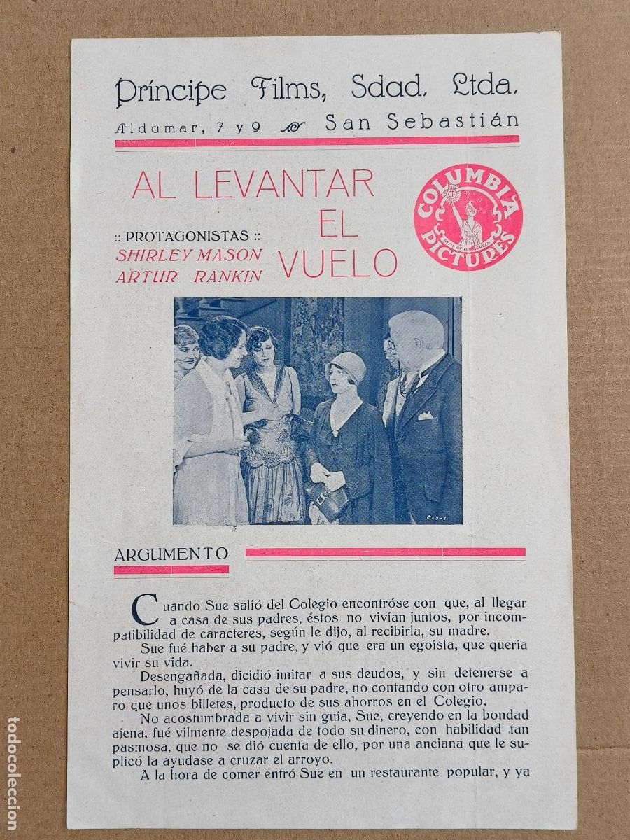 Folhetos de m&atilde;o de filmes antigos de cinema: AL LEVANTAR EL VUELO PROGRAMA DE CINE COLUMBIA
