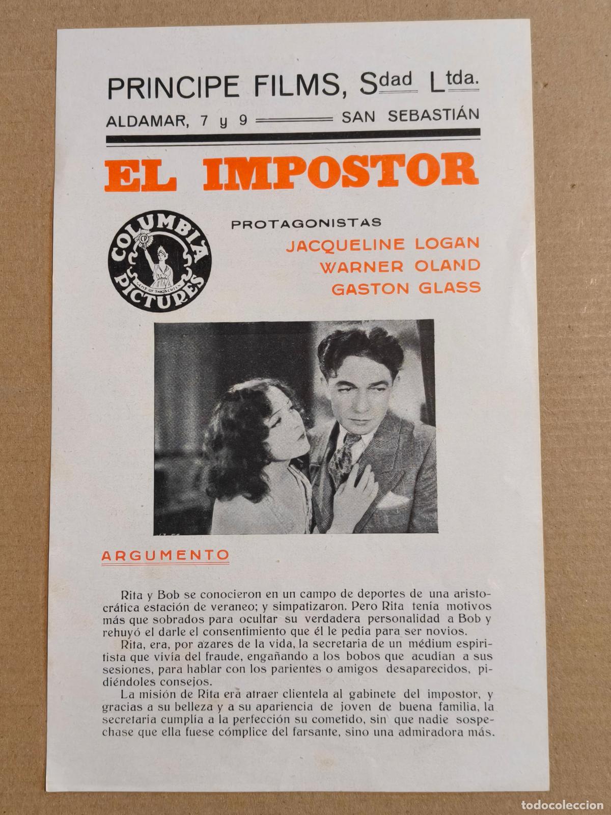 Flyers Publicitaires de films Anciens: EL IMPOSTOR PROGRAMA DE CINE COLUMBIA 1929