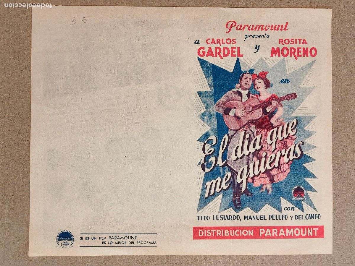 Folhetos de m&atilde;o de filmes antigos de cinema: CARLOS GARDEL EL DIA QUE ME QUIERAS PROGRAMA DE CINE 1936