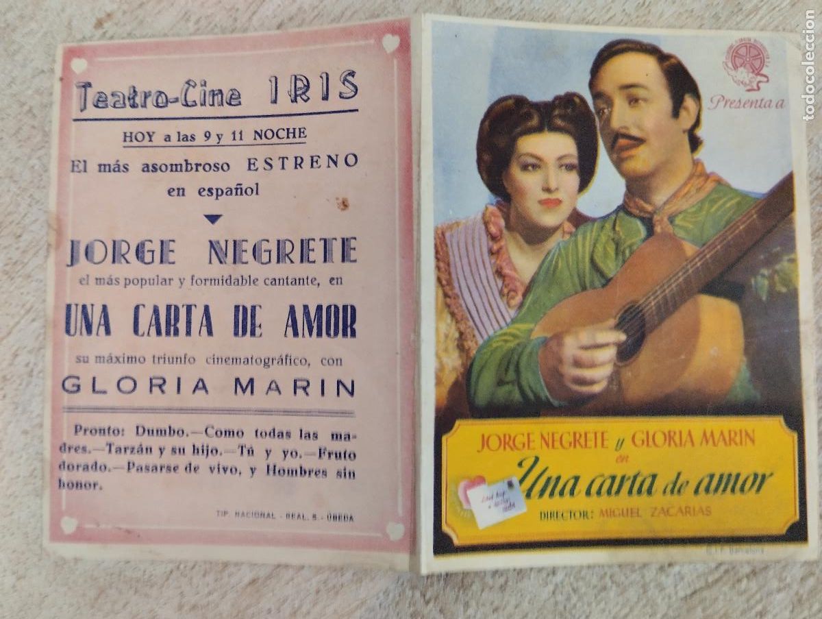 Flyers Publicitaires de Films Anciens: KST - PROGRAMA CINE UNA CARTA DE AMOR TEATRO CINE IRIS UBEDA