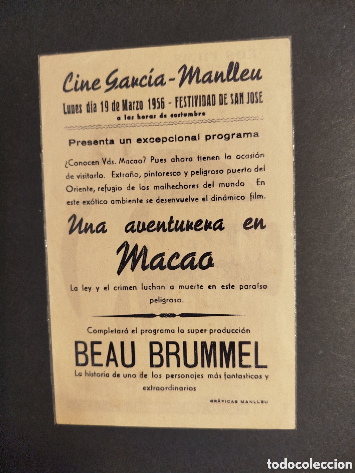 Cine: UNA AVENTURERA EN MACAO PROGRAMA DE MANO 1956 - Foto 2
