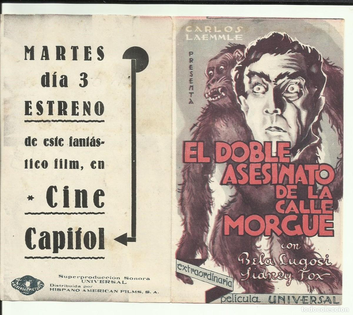  Foglietti di film di film antichi di cinema: EL DOBLE ASESINATO DE LA CALLE MORGUE PROGRAMA DOBLE UNIVERSAL BELA LUGOSI EDGAR ALLAN POE