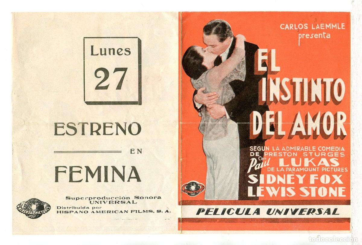 Folhetos de m&atilde;o de filmes antigos de cinema: EL INSTINTO DEL AMOR, con Paul Lukas.