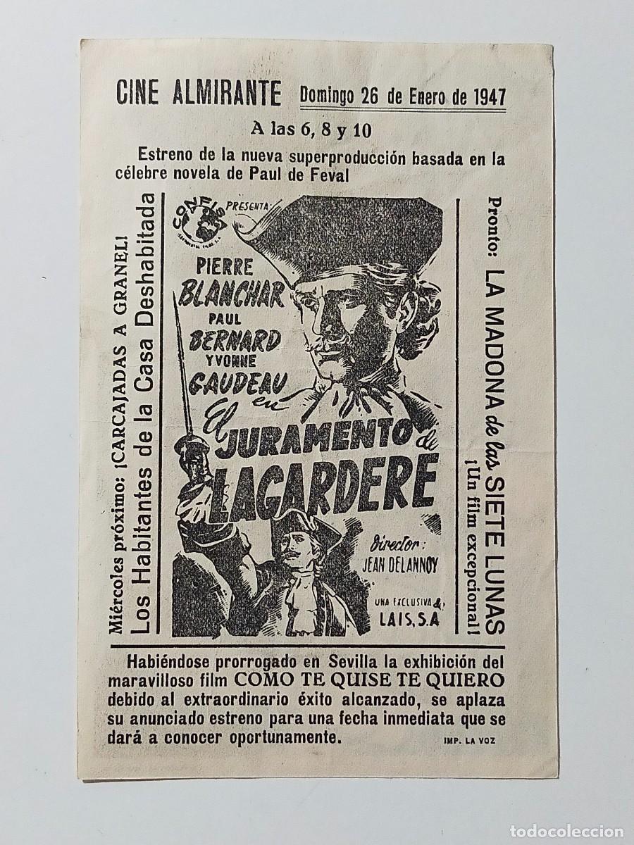 Cine: Programa Sencillo Orig: EL JURAMENTO DE LAGARDERE. Pierre Blanchar.. - Cine Almirante, San Fernando